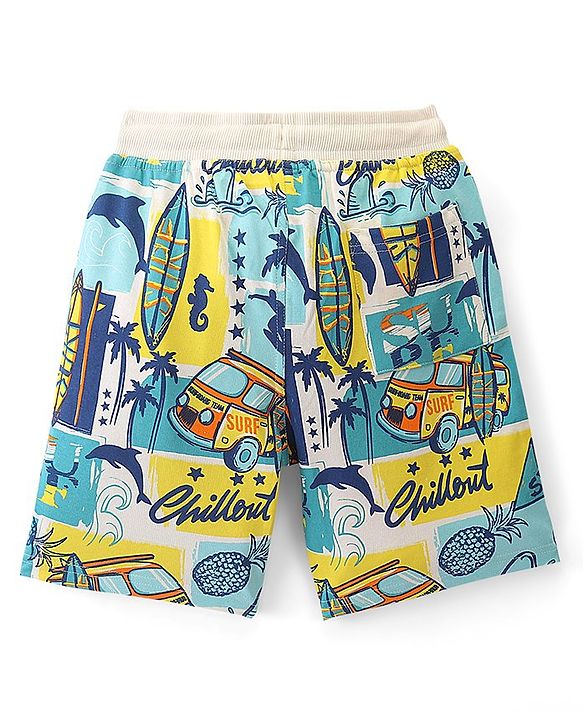 Pine Kids Above Knee Length Shorts With Beach Theme Print - White