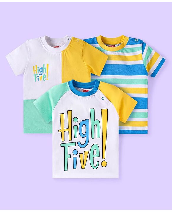 Babyhug Cotton Knit Half Sleeves T-Shirts with Cut & Sew Stripes & Text Print Pack of 3 - White