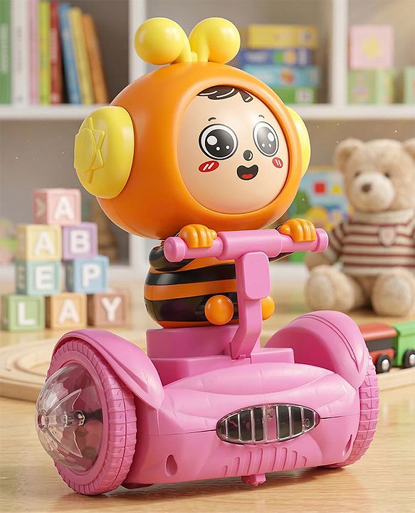 Babyhug Premium Balancing Car Toy with Interactive Revolving Cute Car with 4 Different Expressions| Colorful Led Lights & Music -Pink