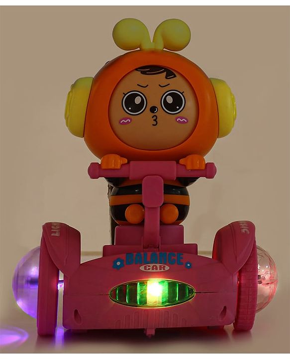 Babyhug Premium Balancing Car Toy with Interactive Revolving Cute Car with 4 Different Expressions| Colorful Led Lights & Music -Pink