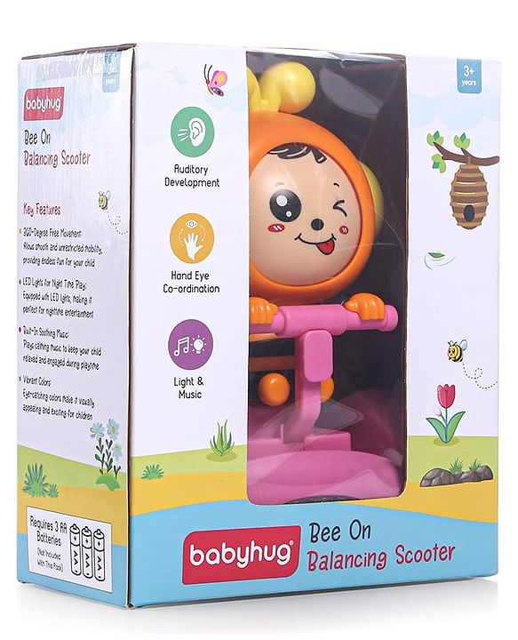 Babyhug Premium Balancing Car Toy with Interactive Revolving Cute Car with 4 Different Expressions| Colorful Led Lights & Music -Pink