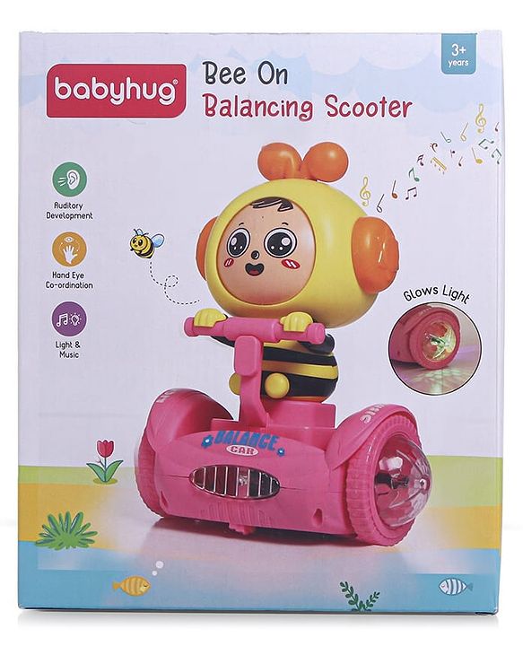 Babyhug Premium Balancing Car Toy with Interactive Revolving Cute Car with 4 Different Expressions| Colorful Led Lights & Music -Pink