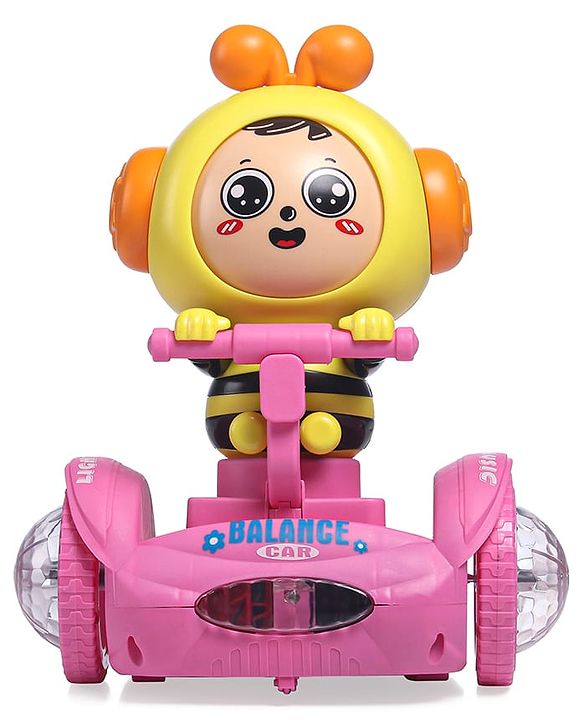 Babyhug Premium Balancing Car Toy with Interactive Revolving Cute Car with 4 Different Expressions| Colorful Led Lights & Music -Baby Pink