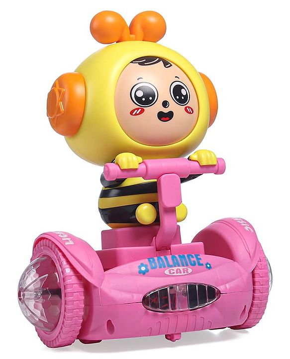 Babyhug Premium Balancing Car Toy with Interactive Revolving Cute Car with 4 Different Expressions| Colorful Led Lights & Music -Baby Pink