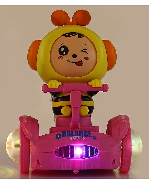 Babyhug Premium Balancing Car Toy with Interactive Revolving Cute Car with 4 Different Expressions| Colorful Led Lights & Music -Baby Pink