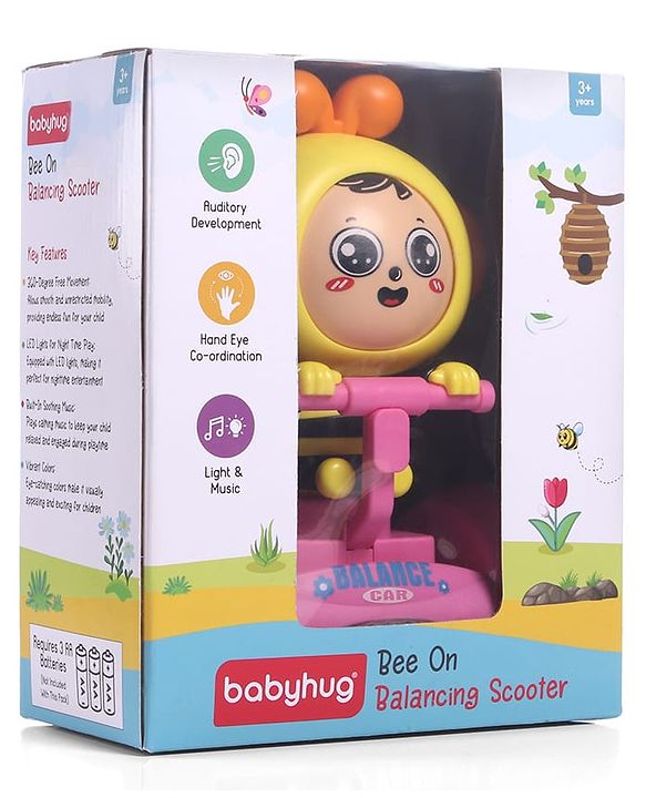 Babyhug Premium Balancing Car Toy with Interactive Revolving Cute Car with 4 Different Expressions| Colorful Led Lights & Music -Baby Pink