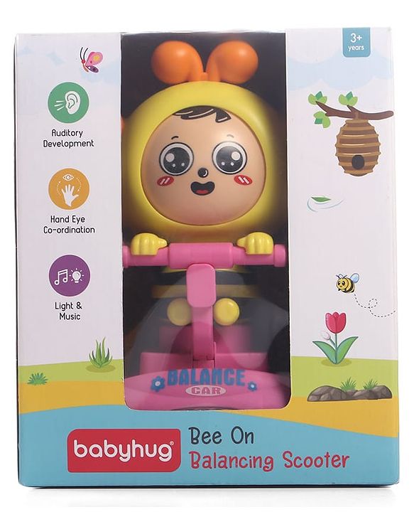 Babyhug Premium Balancing Car Toy with Interactive Revolving Cute Car with 4 Different Expressions| Colorful Led Lights & Music -Baby Pink