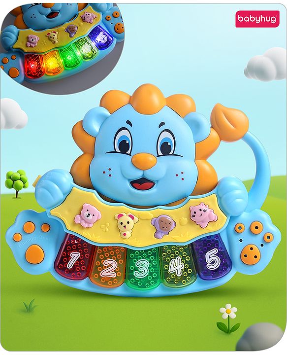 Babyhug Musical Lion Piano with Light-Up Keys & Animal Sounds and Melodies|Auditory & Motor Skill Development|Colorful Design,Volume Control,Baby-Safe Build|3+ Years| BIS|L*B*H: 18x13x3 cm|Blue
