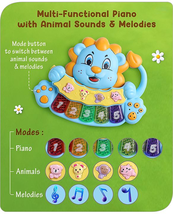 Babyhug Musical Lion Piano with Light-Up Keys & Animal Sounds and Melodies|Auditory & Motor Skill Development|Colorful Design,Volume Control,Baby-Safe Build|3+ Years| BIS|L*B*H: 18x13x3 cm|Blue