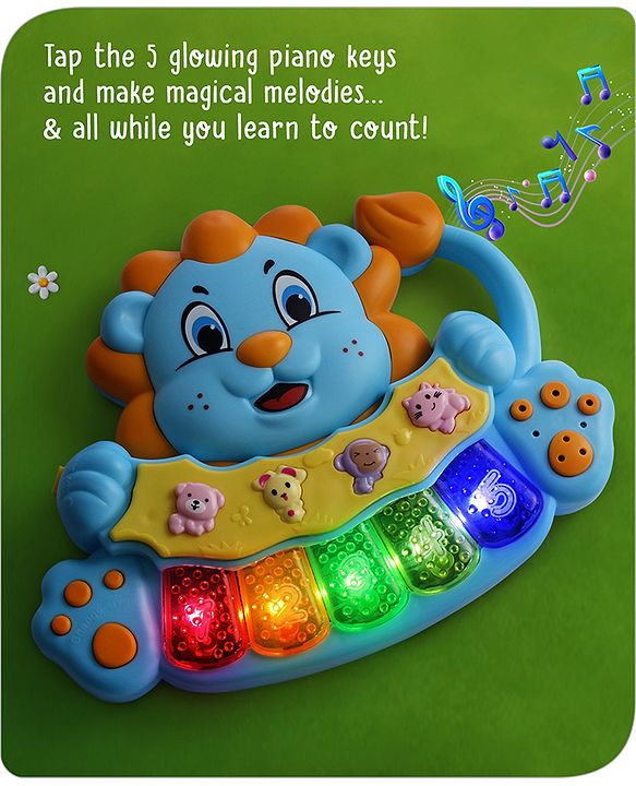 Babyhug Musical Lion Piano with Light-Up Keys & Animal Sounds and Melodies|Auditory & Motor Skill Development|Colorful Design,Volume Control,Baby-Safe Build|3+ Years| BIS|L*B*H: 18x13x3 cm|Blue