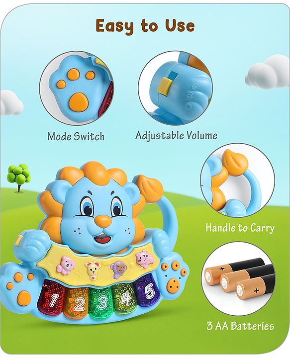 Babyhug Musical Lion Piano with Light-Up Keys & Animal Sounds and Melodies|Auditory & Motor Skill Development|Colorful Design,Volume Control,Baby-Safe Build|3+ Years| BIS|L*B*H: 18x13x3 cm|Blue
