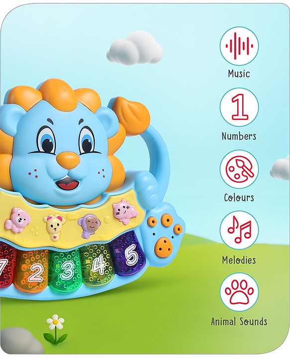 Babyhug Musical Lion Piano with Light-Up Keys & Animal Sounds and Melodies|Auditory & Motor Skill Development|Colorful Design,Volume Control,Baby-Safe Build|3+ Years| BIS|L*B*H: 18x13x3 cm|Blue