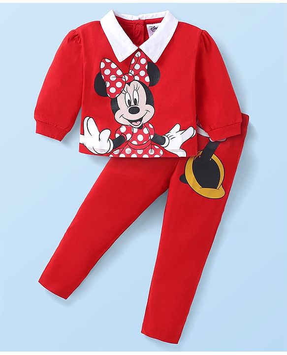 Babyhug Disney Single Jersey Knit  Full Sleeves T-Shirt & Leggings Set With Minnie Mouse Graphics & Badge Detailing - Red