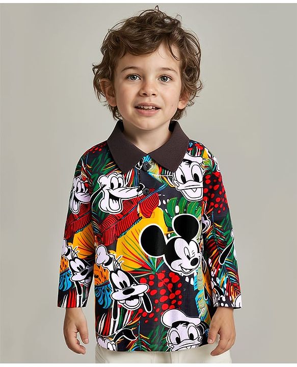 Babyhug Disney Single Jersey Knit Full Sleeves Polo T-Shirt with  Mickey Mouse Print - White