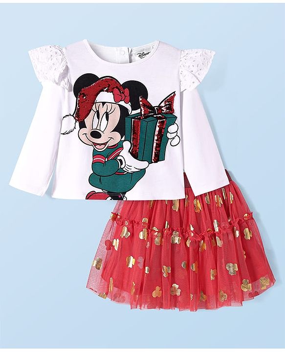 Babyhug Disney Single Jersey Knit Full Sleeves Top With Frill Detailing & Mesh Skirt Set With Minnie Mouse Graphics - Red & White