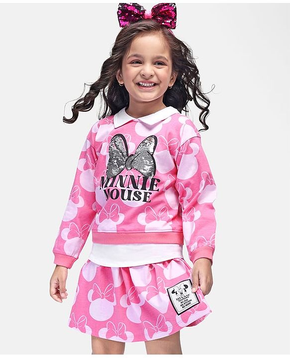 Babyhug Disney Single Jersey Knit Full Sleeves Overlapped Top & Skirt Set  With Minnie Mouse Graphics Badge & Sequins Detailing - Pink