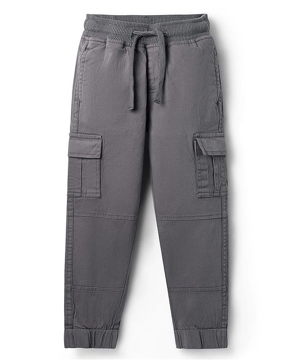Pine Kids Cotton Elastane Woven Full Length Solid Trouser With Cargo Pockets - Grey