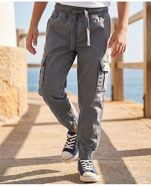 Pine Kids Cotton Elastane Woven Full Length Solid Trouser With Cargo Pockets - Grey