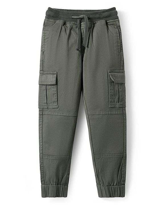 Pine Kids Cotton Elastane Woven Full Length Solid Color Trouser - Olive Green