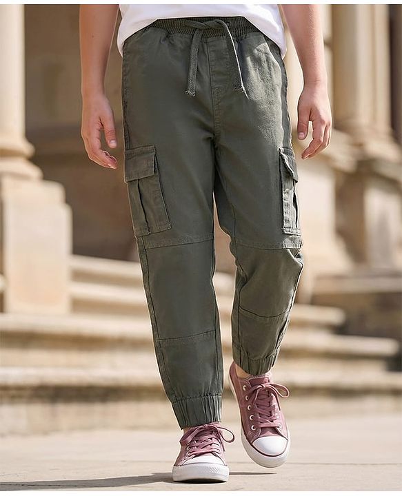Pine Kids Cotton Elastane Woven Full Length Solid Color Trouser - Olive Green