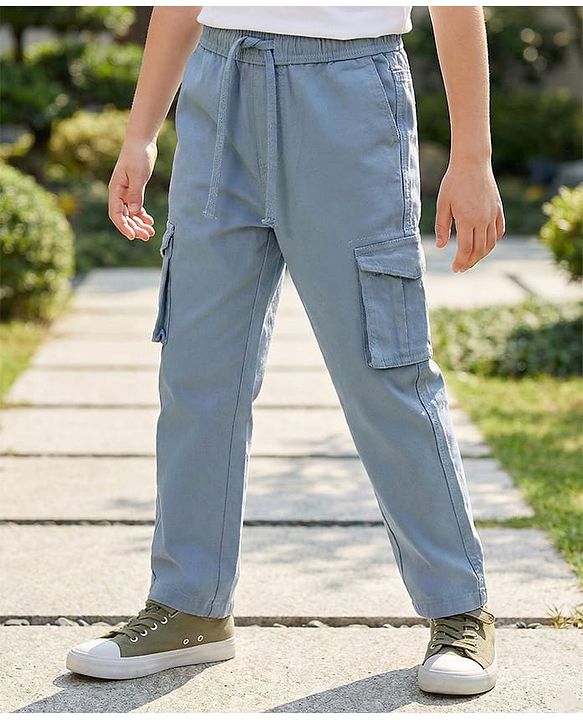 Pine Kids Cotton Woven Full Length Solid Colour Trouser With Cargo Pockets - Navy Blue