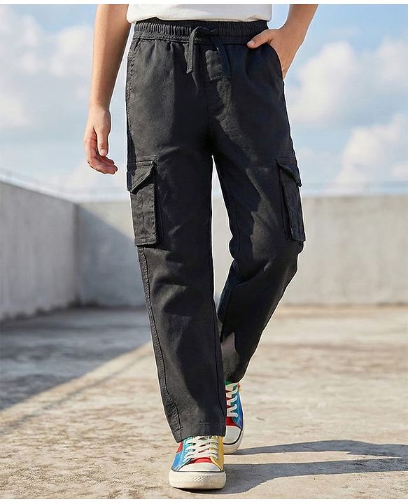 Pine Kids Cotton Woven Full Length Solid Colour Trouser With Cargo Pockets - Navy Blue