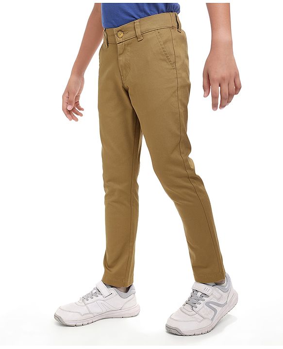 Pine Kids Cotton Woven Full Length Solid Colour Trouser - Tan