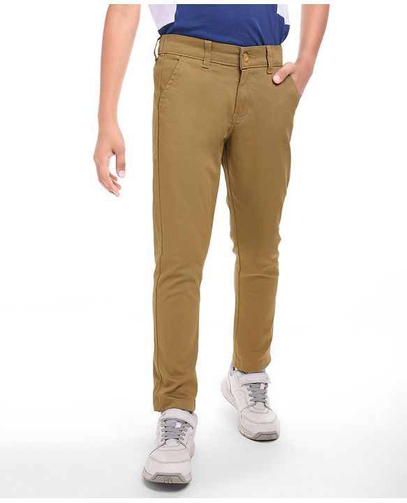 Pine Kids Cotton Woven Full Length Solid Colour Trouser - Tan