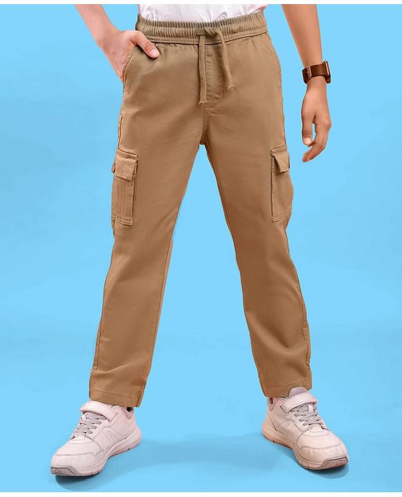 Pine Kids Woven Full Length Solid Trouser With Cargo Pockets - Tan