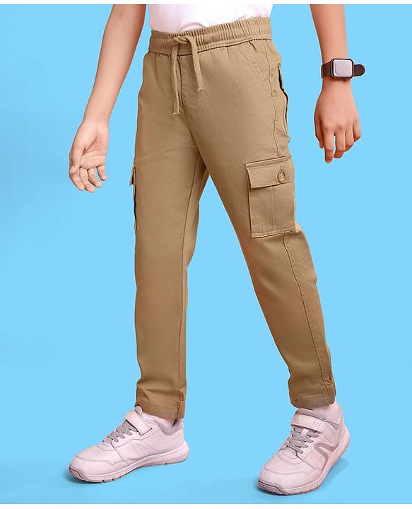 Pine Kids Woven Full Length Solid Trouser With Cargo Pockets - Tan