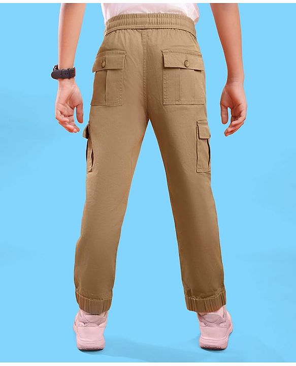 Pine Kids Woven Full Length Solid Trouser With Cargo Pockets - Tan