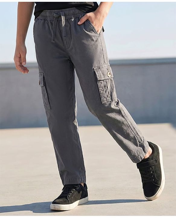 Pine Kids Woven Full Length Solid Trouser With Cargo Pockets - Grey