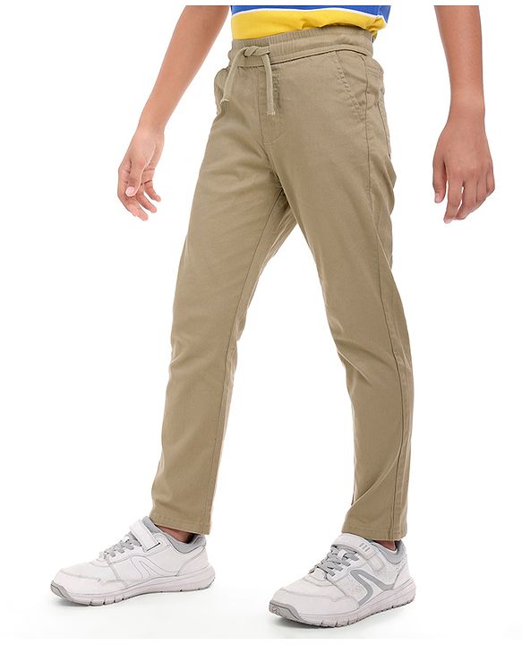 Pine Kids Cotton Woven Full Length Solid Colour Trouser - Tan