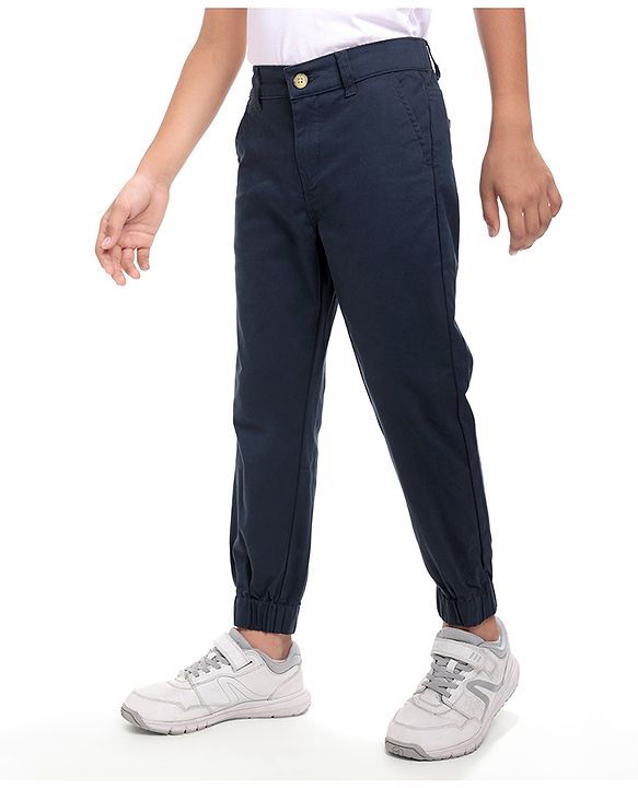 Pine Kids Cotton Woven Full Length Solid Trousers - Navy Blue