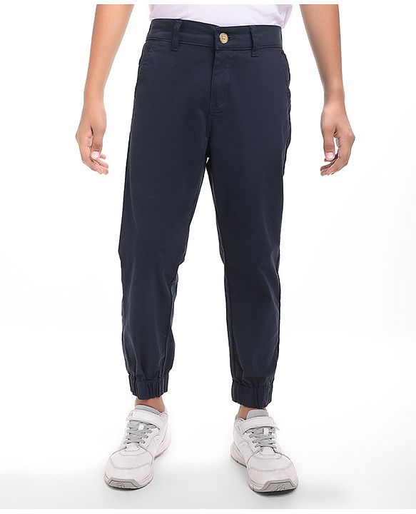Pine Kids Cotton Woven Full Length Solid Trousers - Navy Blue