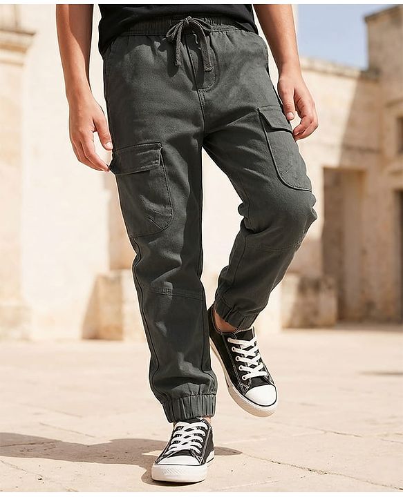 Pine Kids Cotton Elastane Woven Full Length Solid Color Trouser - Olive Green