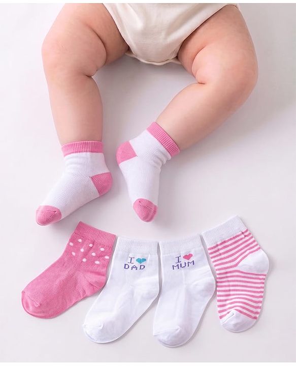 Cute Walk by Babyhug Knit Ankle Length Socks with Stripes Polka Dots & Text Design Pack of 5 - White & Pink
