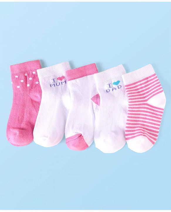 Cute Walk by Babyhug Knit Ankle Length Socks with Stripes Polka Dots & Text Design Pack of 5 - White & Pink