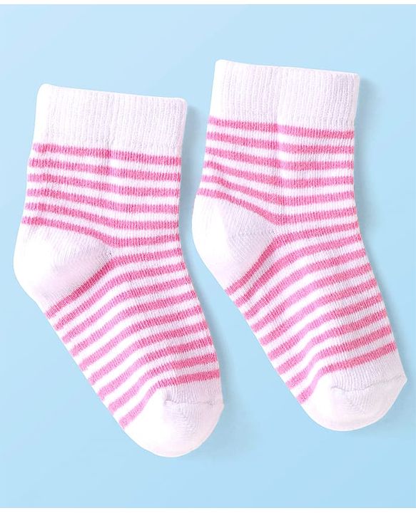 Cute Walk by Babyhug Knit Ankle Length Socks with Stripes Polka Dots & Text Design Pack of 5 - White & Pink