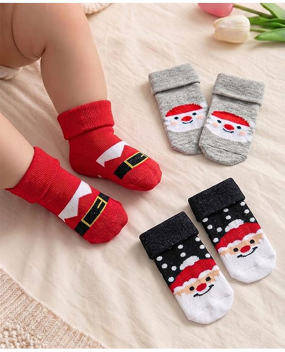 Cute Walk by Babyhug Knit Antibacterial Ankle Length Socks with Christmas Theme Design Pack of 3 - Red Grey & Black