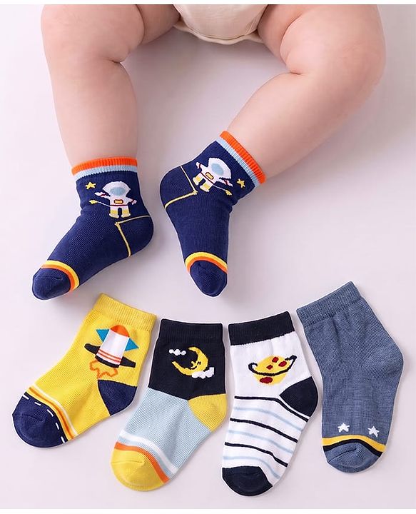 Cute Walk by Babyhug Knit Ankle Length Anti Bacterial Socks with Space Design Pack of 5 - Multicolor