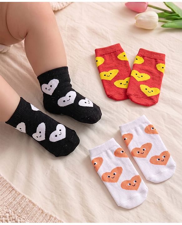 Cute Walk by Babyhug Knit Ankle Length Antibacterial Socks with Hearts Design Pack of 3 - Black Red & White