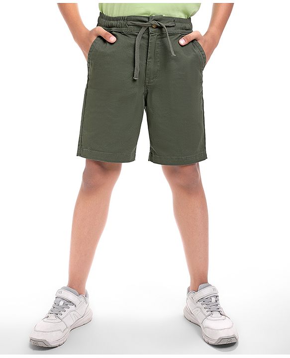 Pine Kids Cotton Knit Above Knee Length Solid Colour Shorts - Olive Green