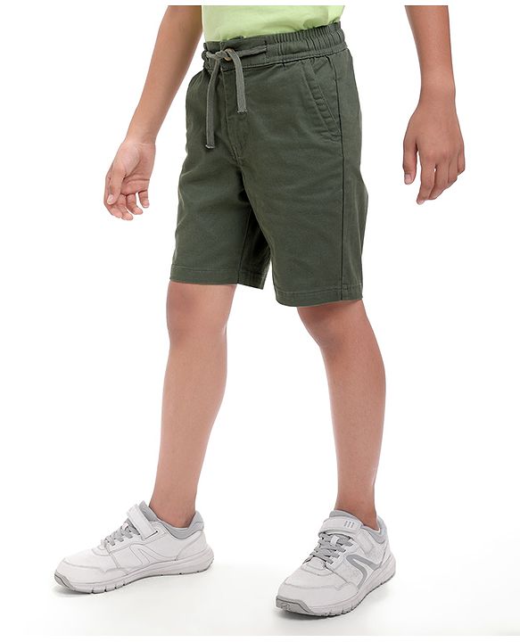 Pine Kids Cotton Knit Above Knee Length Solid Colour Shorts - Olive Green