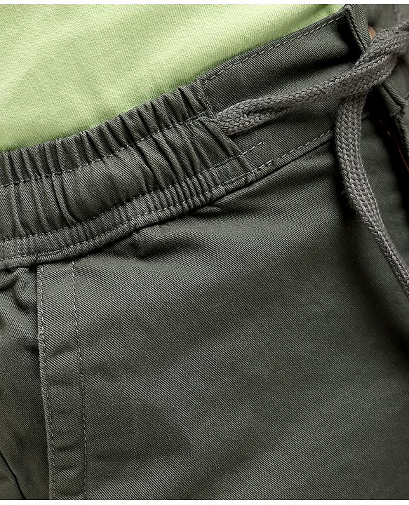 Pine Kids Cotton Knit Above Knee Length Solid Colour Shorts - Olive Green