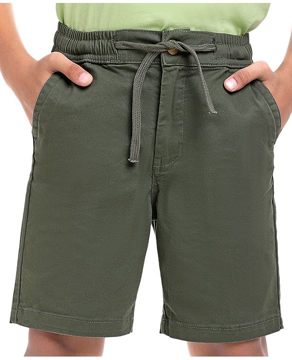 Pine Kids Cotton Knit Above Knee Length Solid Colour Shorts - Olive Green