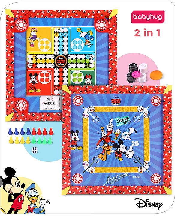 Babyhug Disney 2 in 1  Mickey Theme Carrom Board and Ludo|Multi Game - Family fun|20x20 inch|Carrom,Ludo|Compact for All Ages - Multicolor