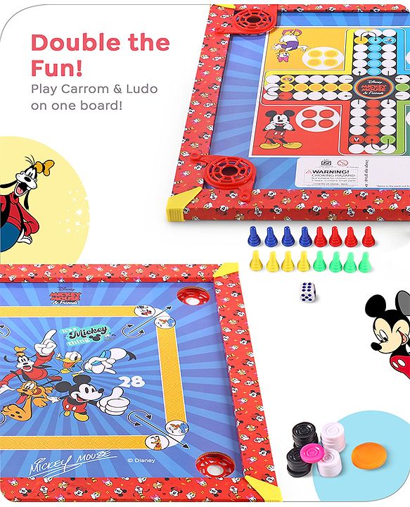 Babyhug Disney 2 in 1  Mickey Theme Carrom Board and Ludo|Multi Game - Family fun|20x20 inch|Carrom,Ludo|Compact for All Ages - Multicolor
