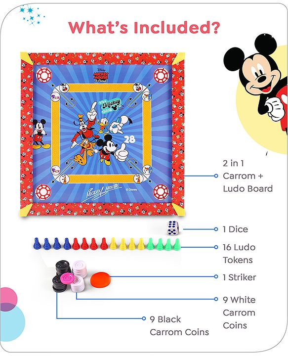Babyhug Disney 2 in 1  Mickey Theme Carrom Board and Ludo|Multi Game - Family fun|20x20 inch|Carrom,Ludo|Compact for All Ages - Multicolor