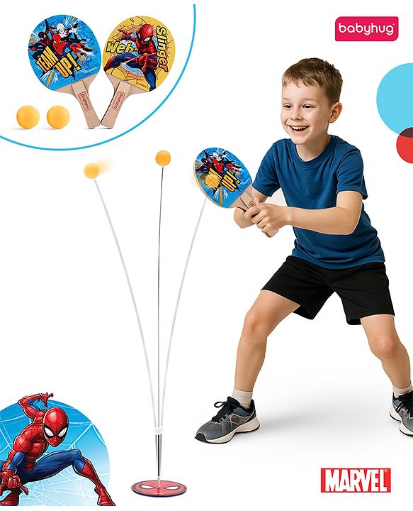 Babyhug Marvel Spiderman Wooden Table Tennis Trainer Toy Ping Pong Paddle Set for Kids|Portable Activity And Exercise Sports Toy with 2 Balls and 2 Wooden Rackets